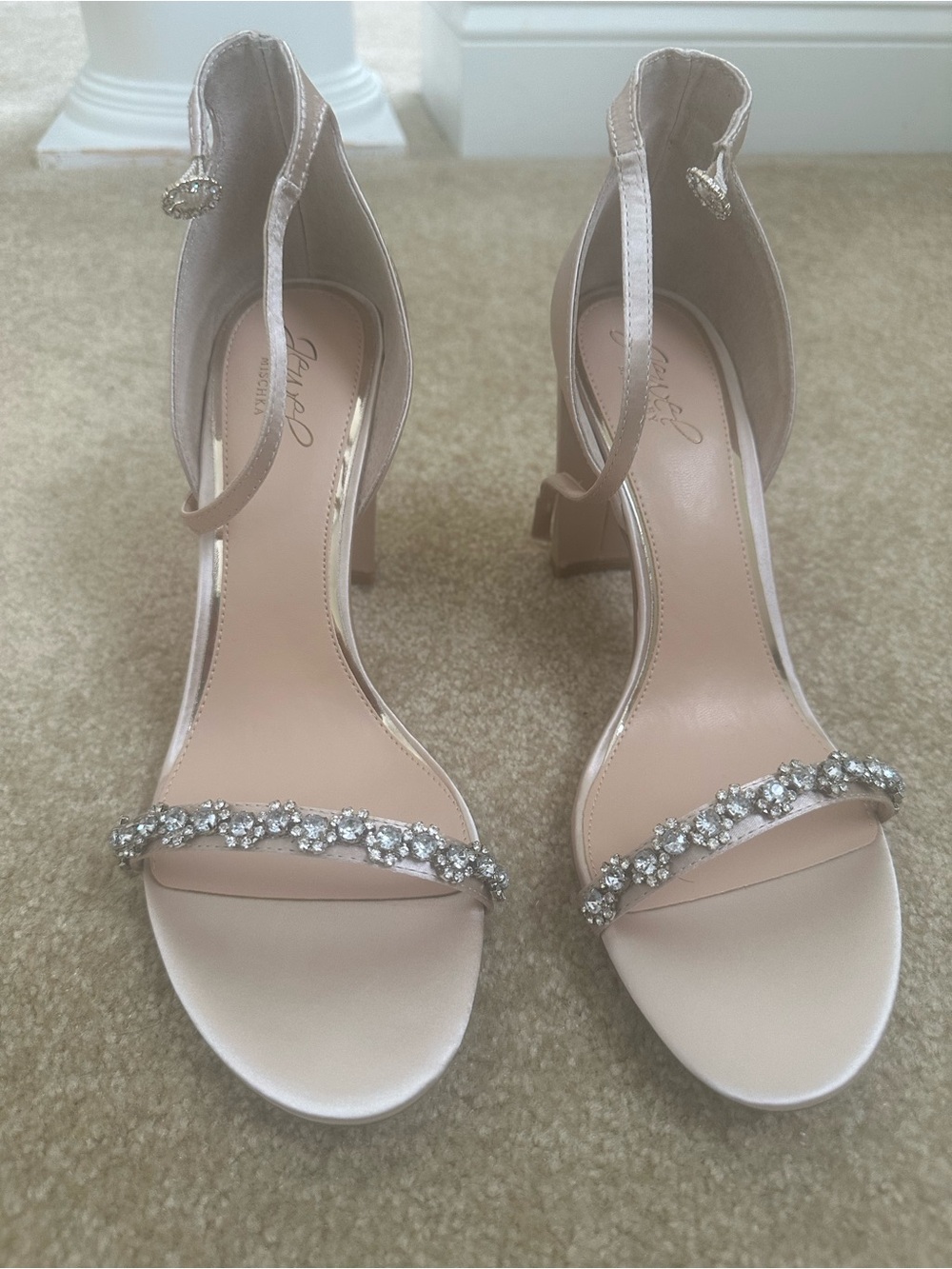 Jewel Badgley Mischka Blush Satin Crystal-Strap Ankle-Heels